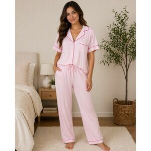 Shabby Chic Pink Pajama Set Short Sleeve Button Top and Pants Medium